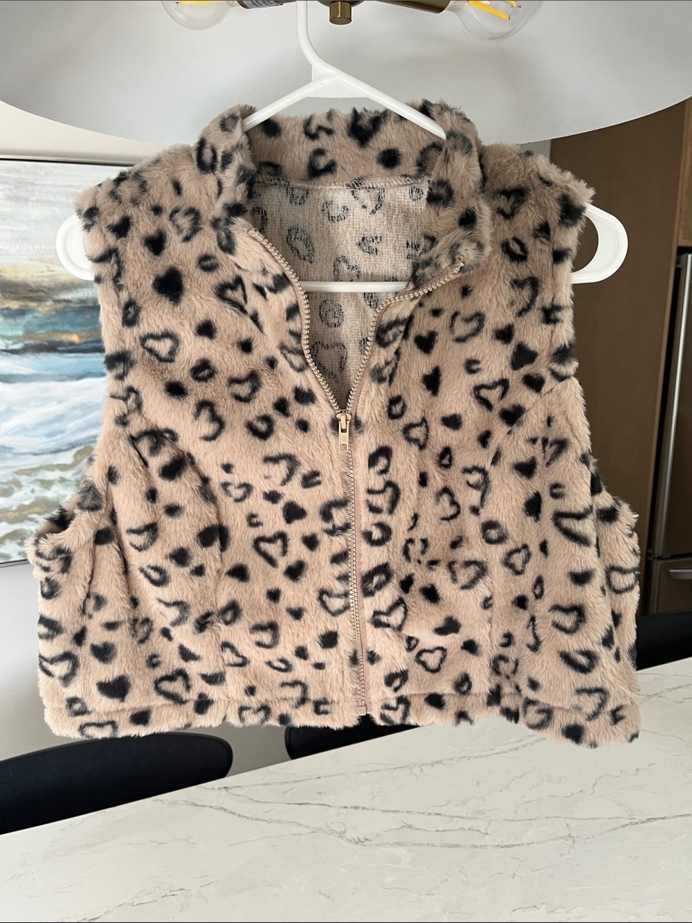 Girls Taupe Faux Fur Leopard Heart Print Zip Vest